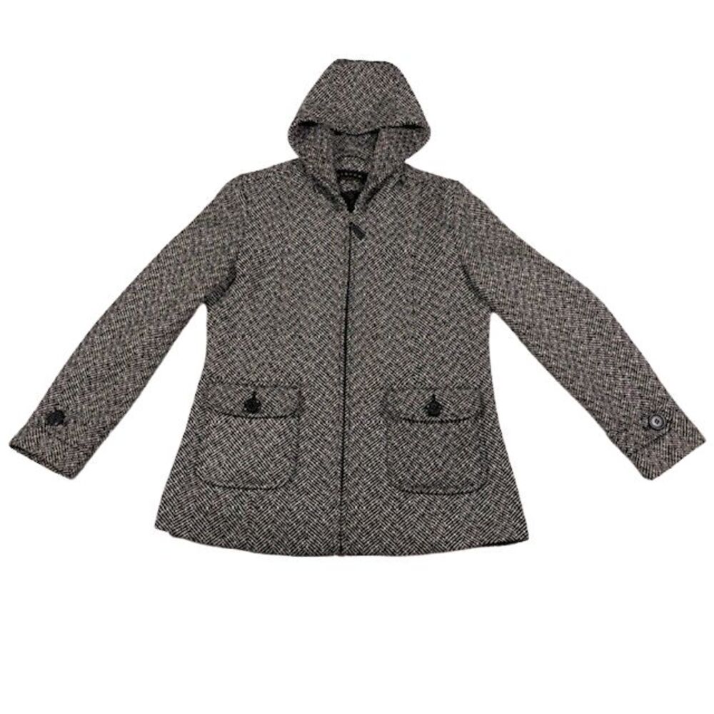 Giacca by Gallery Hooded Tweed Coat Women’s Large Black White Herringbone Zip Ja